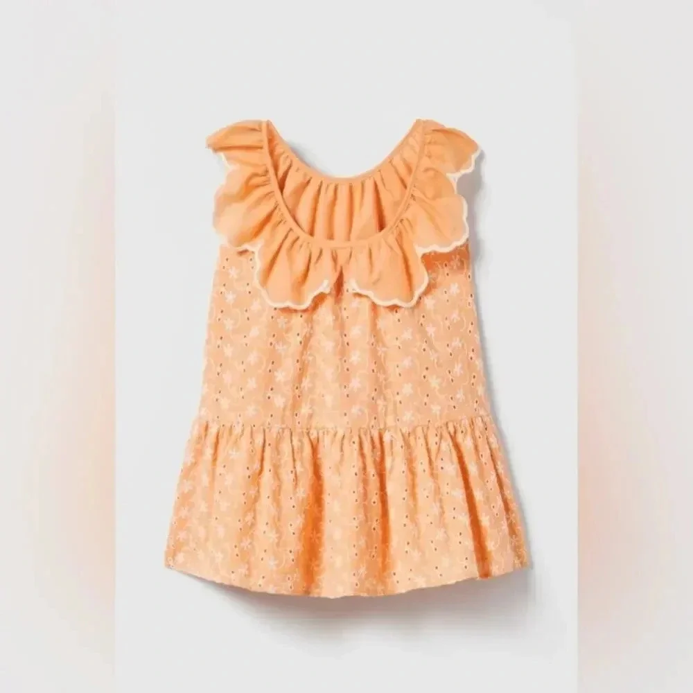 Zara Kids dress embroidered eyelet floral scalloped collar flower toddler peachy